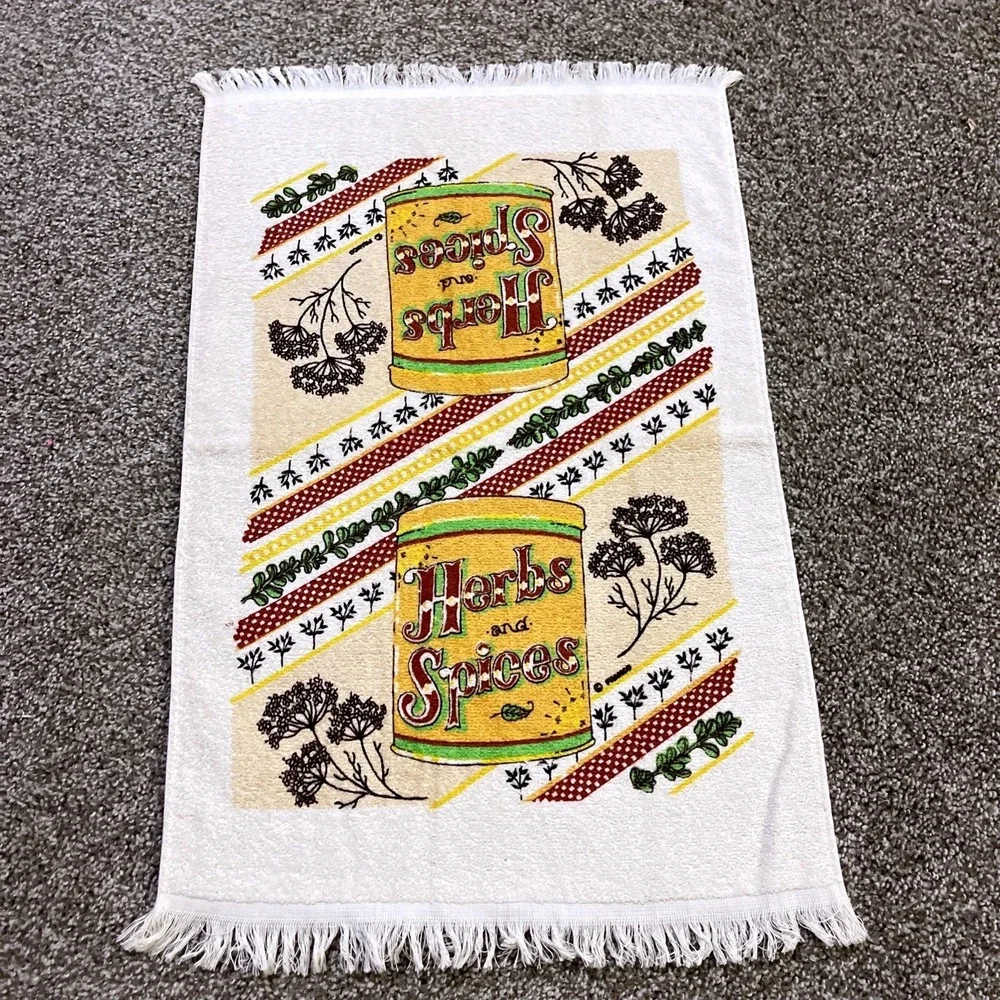 VTG CANNON Hand Kitchen Towel Fringe 70s NOS Herbs & Spices Yellow‎ Green Basil